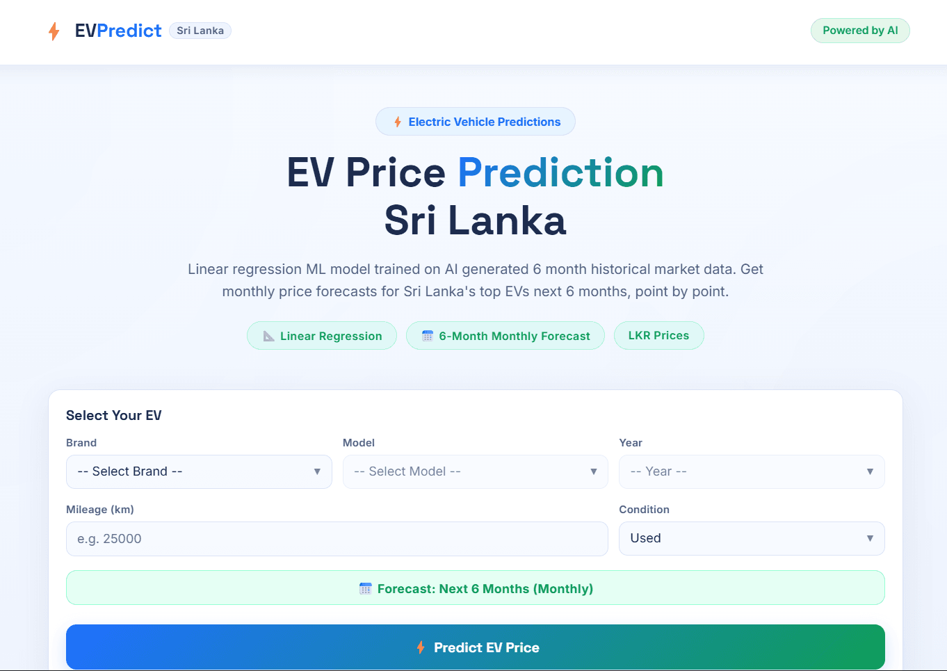 EV Price Prediction Sri Lanka project interface