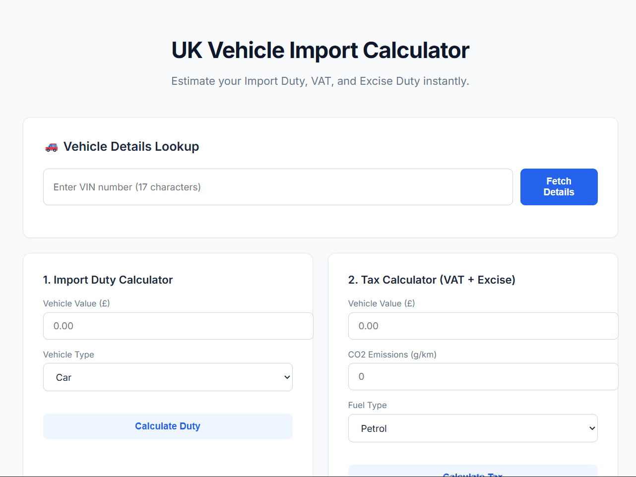 UK Vehicle Import Calculator project interface